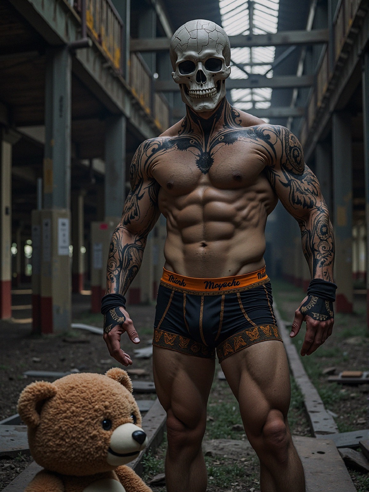 Muscular Figure with Skull Mask in Abandoned Industry