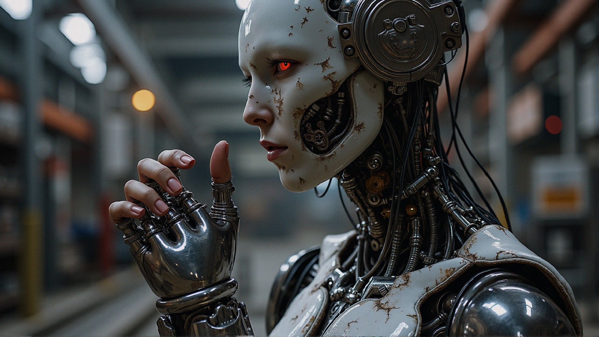 Futuristic humanoid robot in industrial post-apocalyptic setting