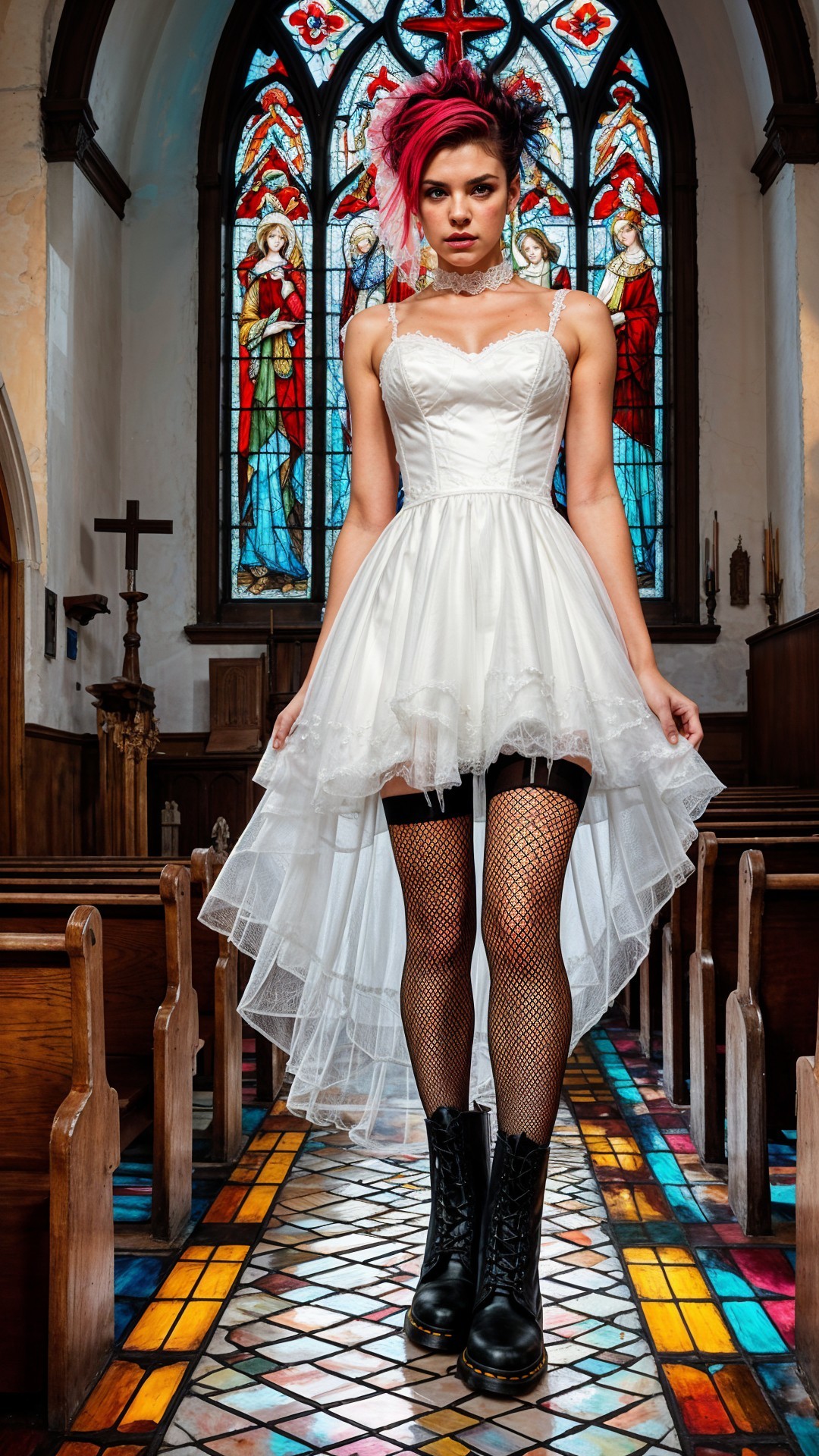 Wedding Dress with Combat Boots in a Church Setting