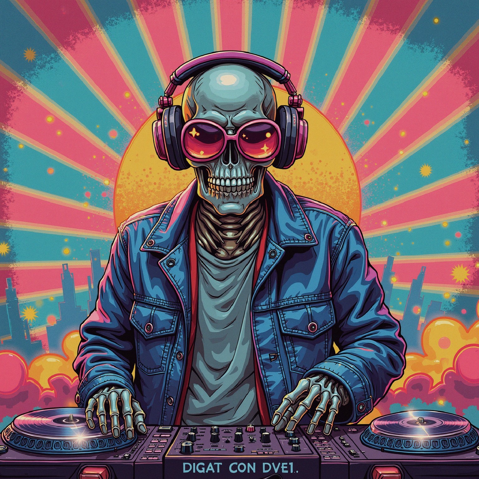 Stylized skeleton DJ with vibrant sunburst background