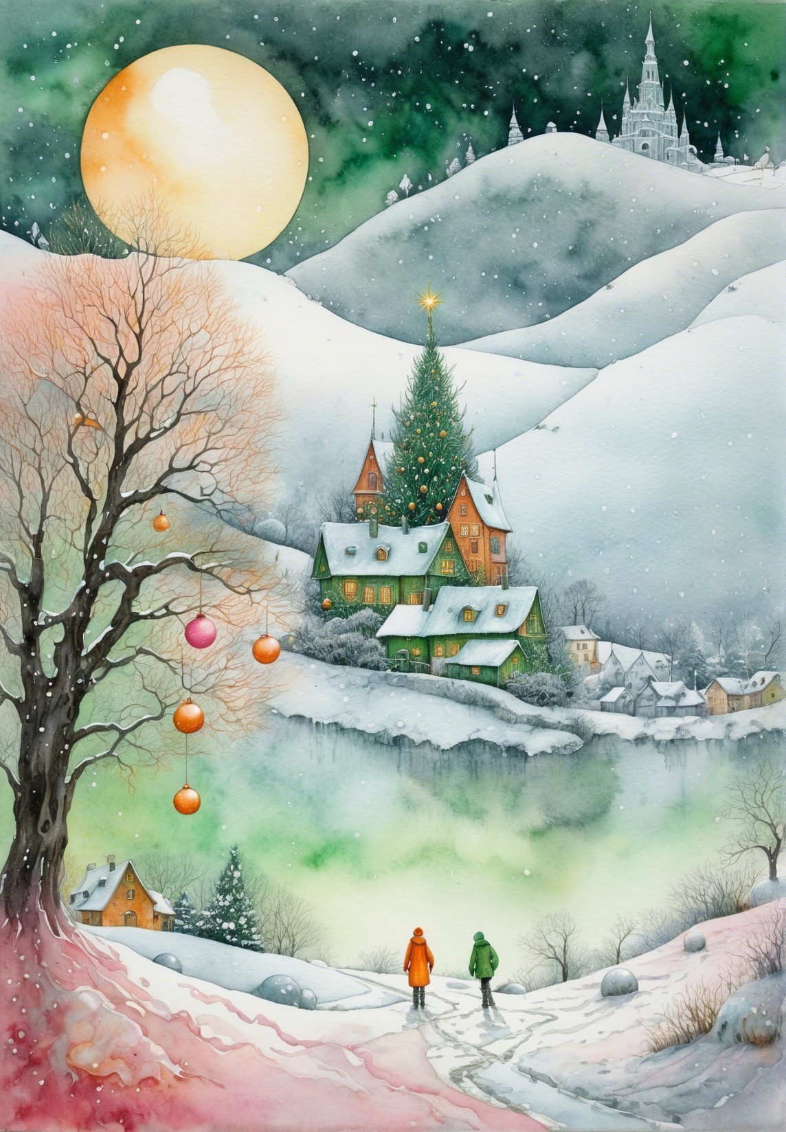 Vibrant Winter Landscape with Full Moon and Ornaments