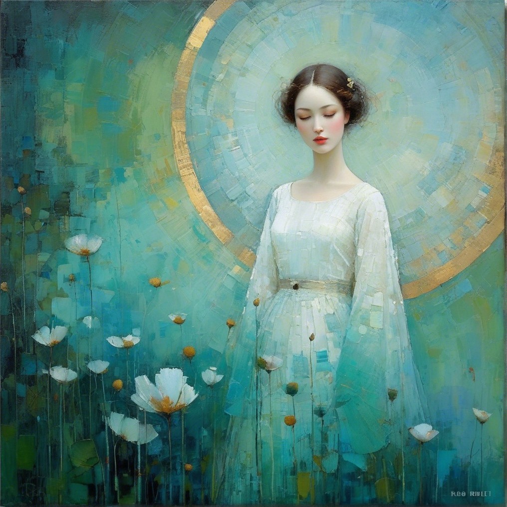 Serene figure in pale blue gown among white flowers