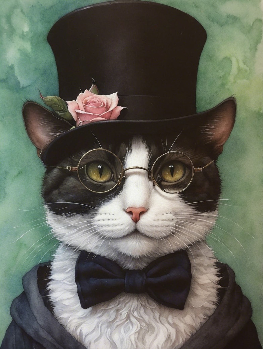 Whimsical Cat Portrait in Top Hat and Glasses