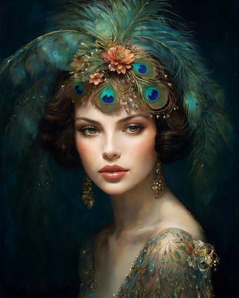 Elegant Woman with Peacock Feather Headpiece Artwork