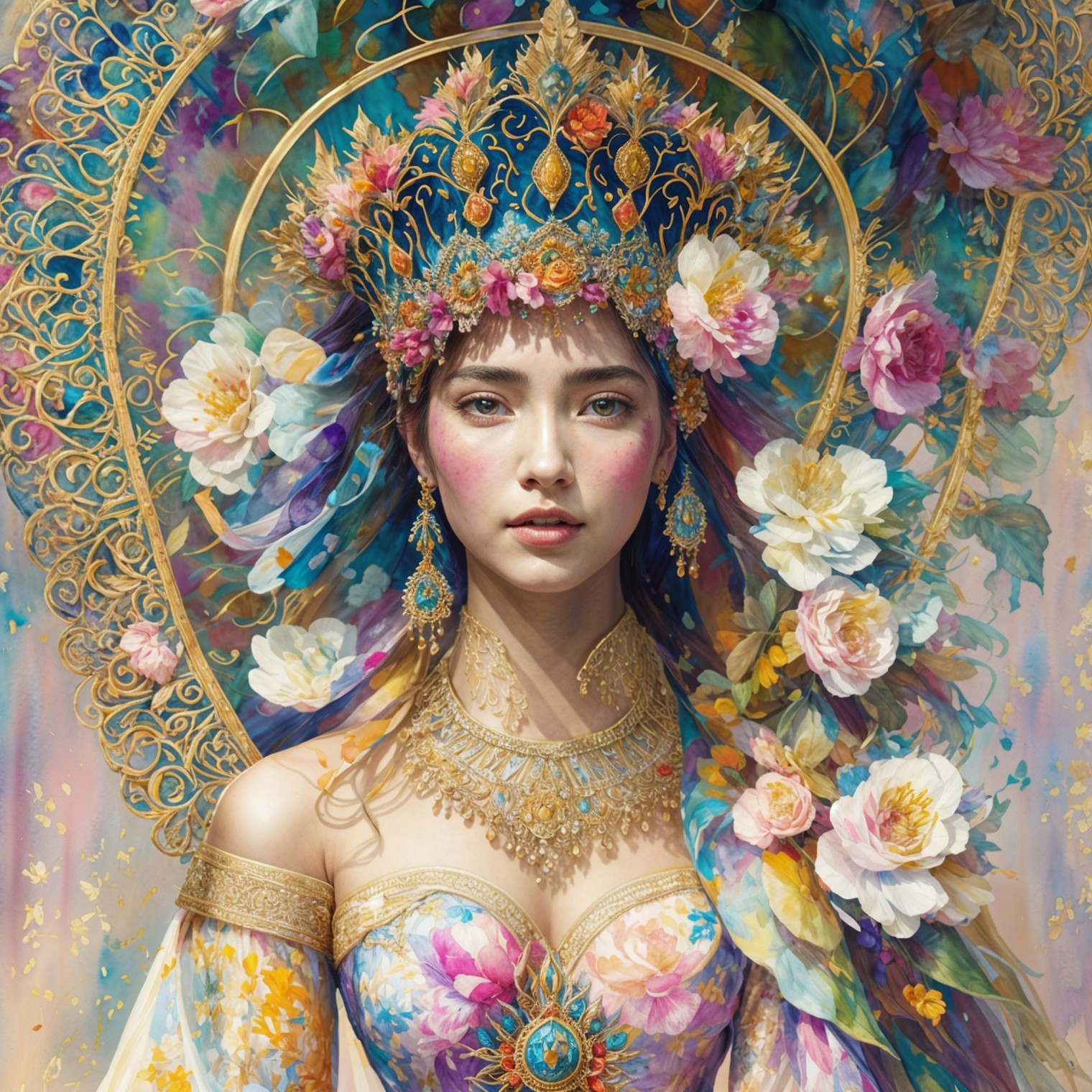 Portrait of a Young Woman with Floral Crown and Jewelry