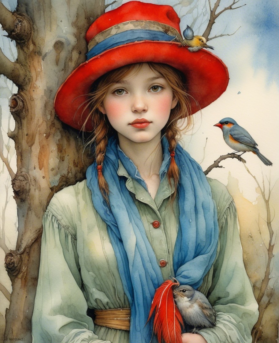 Young girl in red hat and blue scarf by a tree