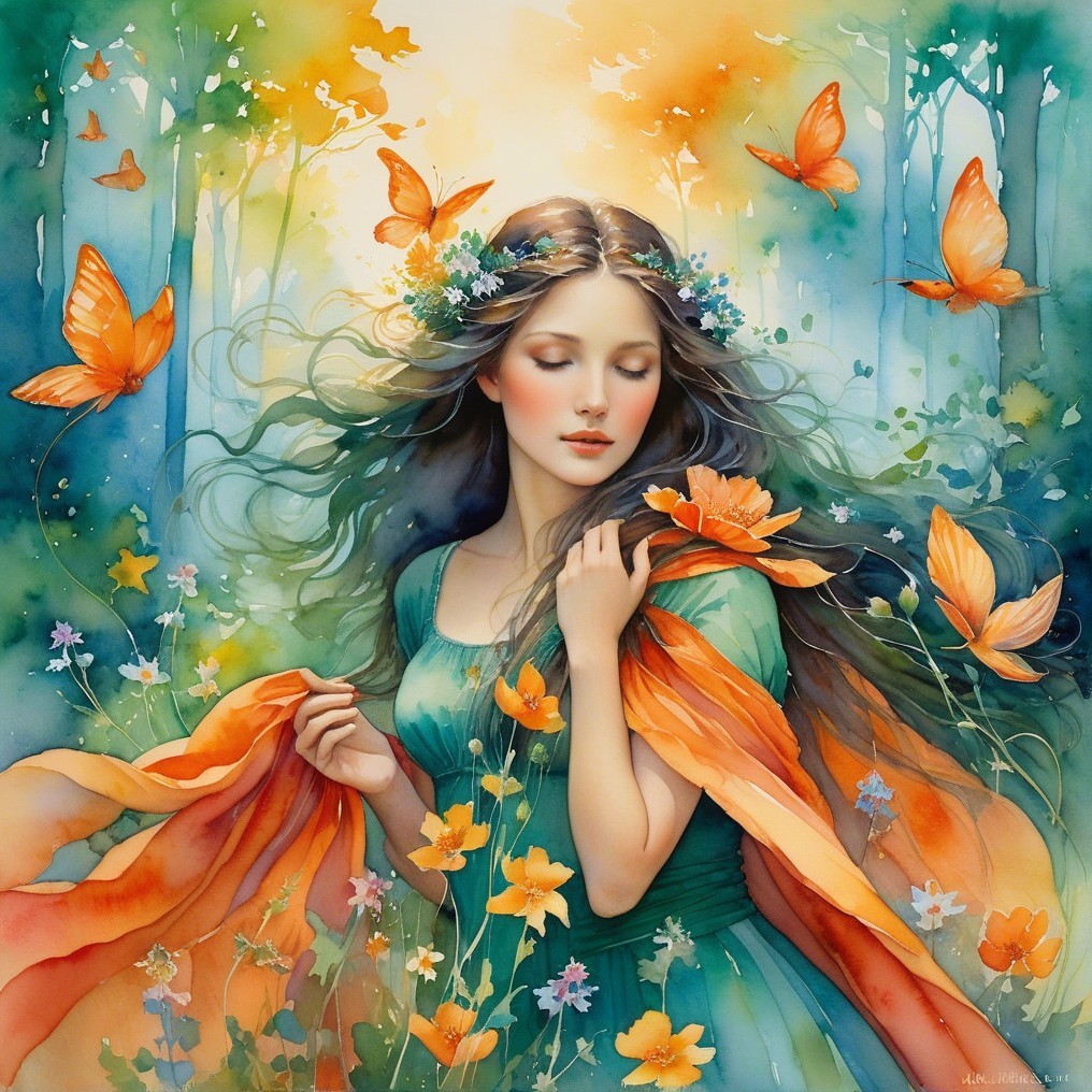 Serene Woman in Vibrant Forest with Floral Crown