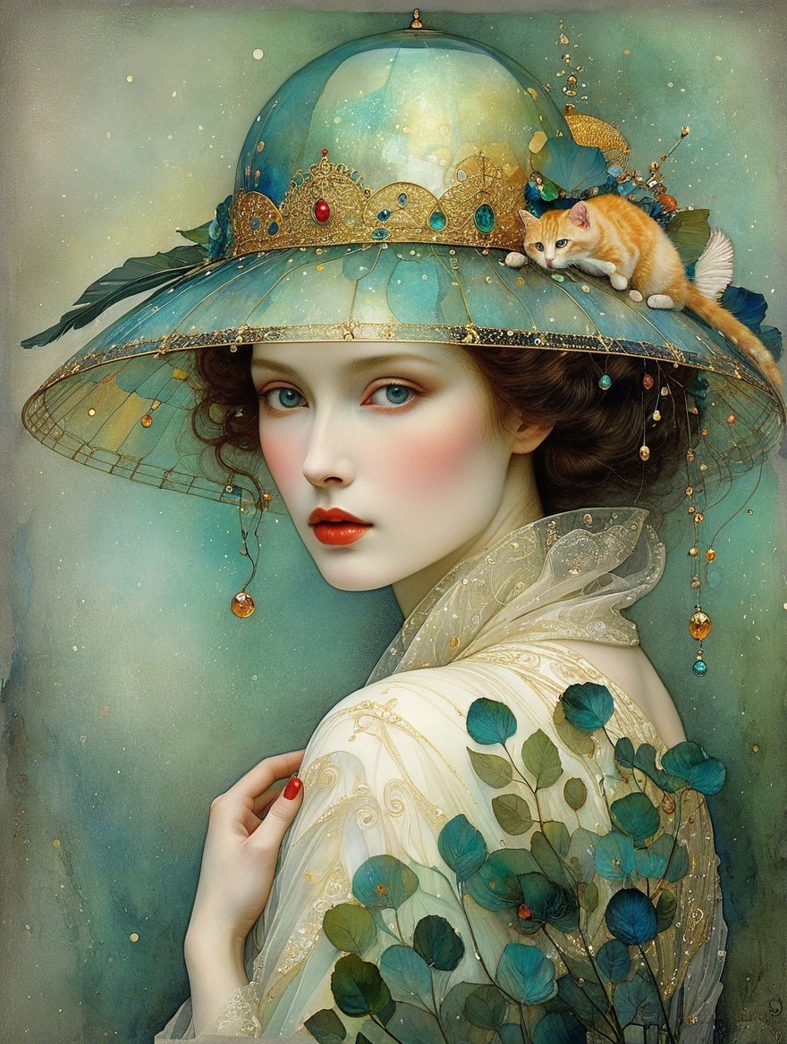 Portrait of a Woman in Ethereal Gown with Cat