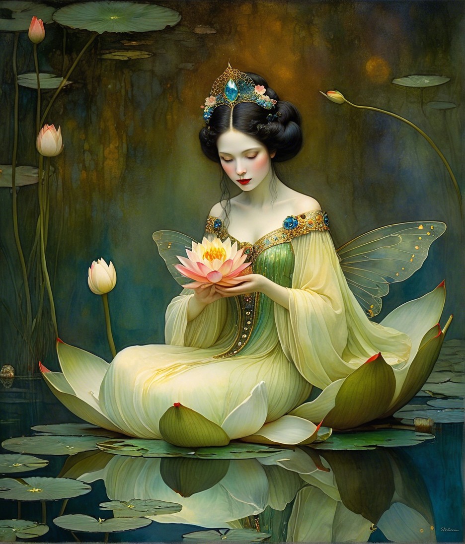Serene figure on lotus flower in tranquil pond