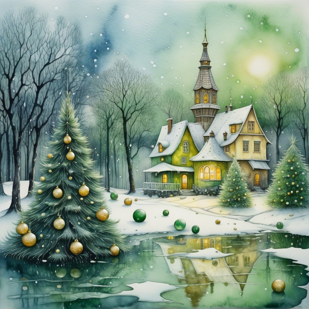 Whimsical Winter Scene with Snowy House and Trees