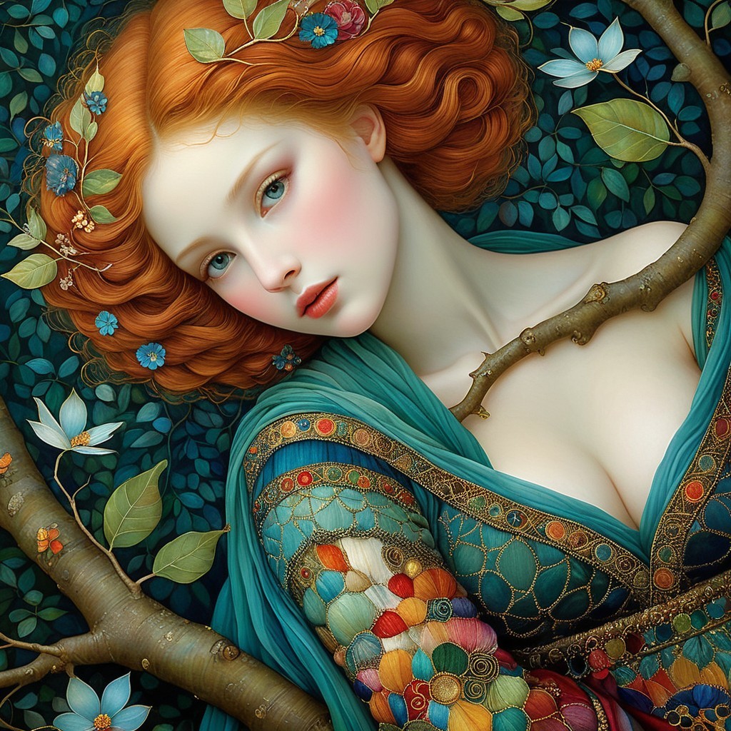 Portrait of a young woman with curly red hair and flowers