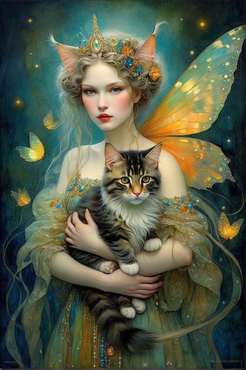 Fairy-like Woman with Cat in a Whimsical Setting