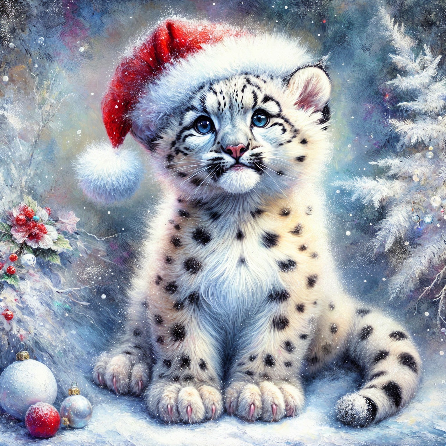 Baby snow leopard in Santa hat in winter landscape