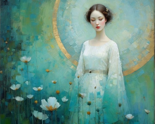 Serene figure in pale blue gown among white flowers