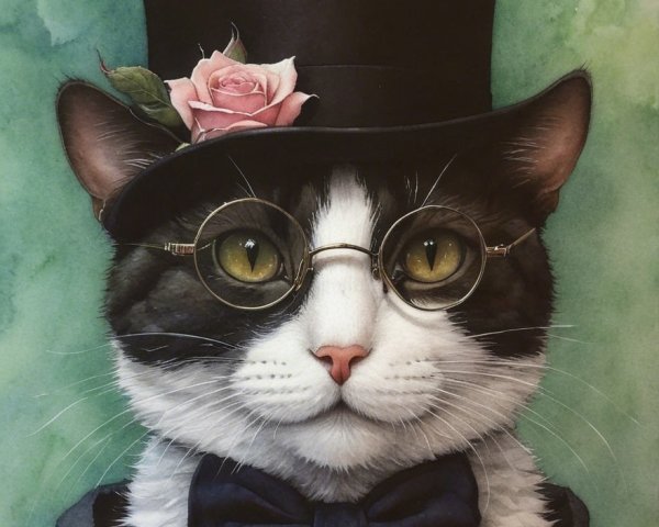 Whimsical Cat Portrait in Top Hat and Glasses