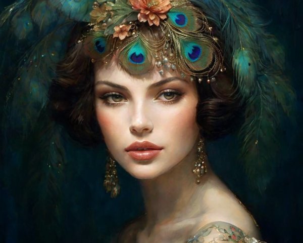 Elegant Woman with Peacock Feather Headpiece Artwork