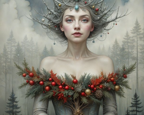 Ethereal Figure in Wintery Forest Setting