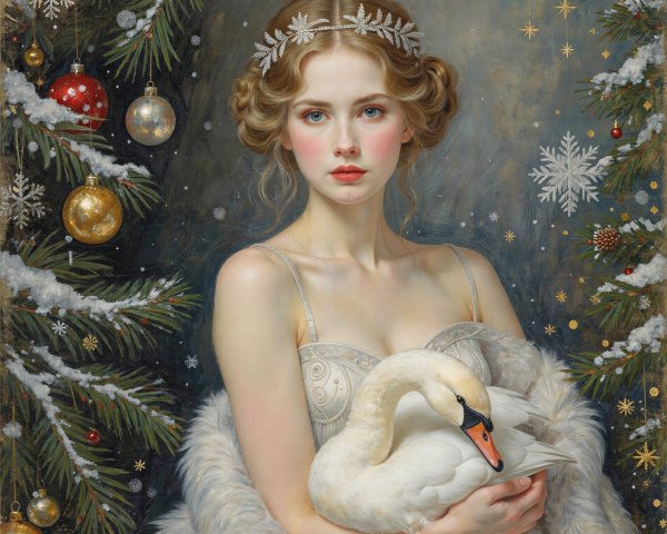 Detailed Oil Painting of Woman with Swan and Christmas Tree