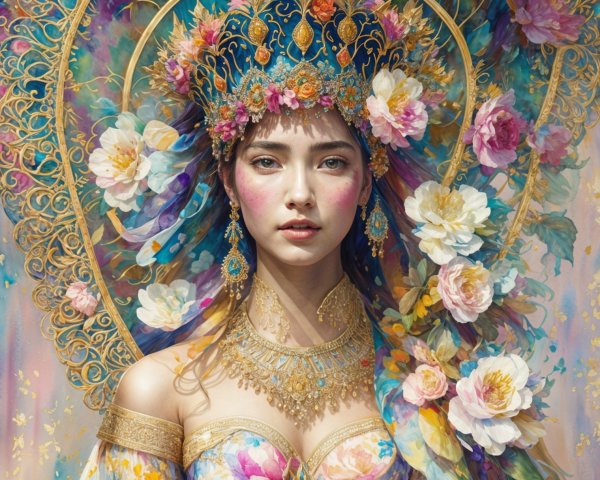 Portrait of a Young Woman with Floral Crown and Jewelry