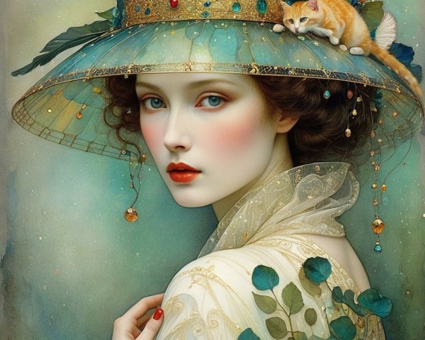 Portrait of a Woman in Ethereal Gown with Cat