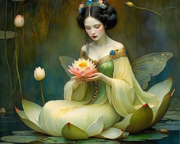 Serene figure on lotus flower in tranquil pond