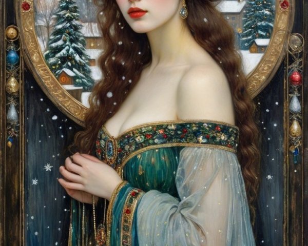 Dark-haired woman in winter scene with ornate borders