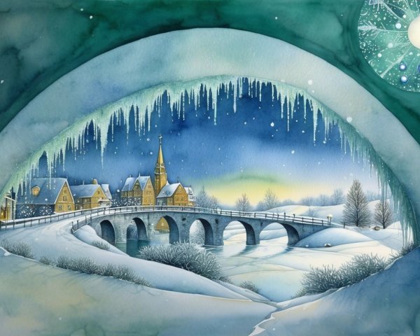 Whimsical Winter Village Scene in Watercolor Painting