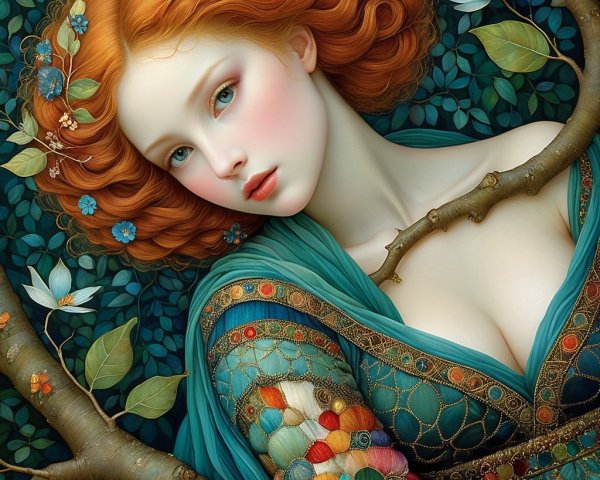Portrait of a young woman with curly red hair and flowers