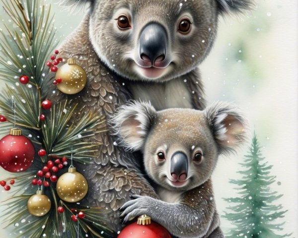Watercolor Painting of Koala and Baby with Christmas Tree