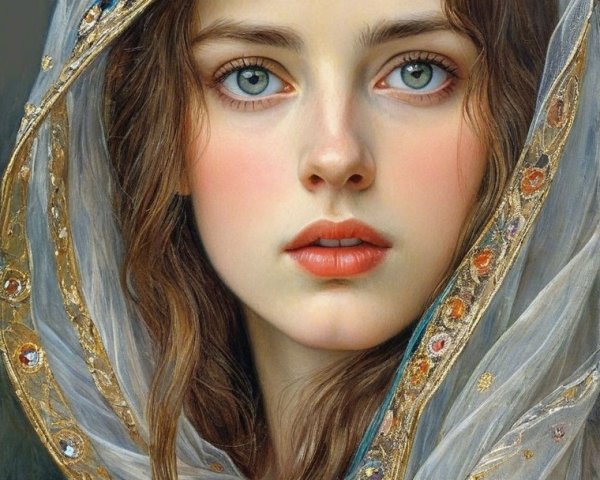 Young woman in a sheer embellished veil with blue eyes