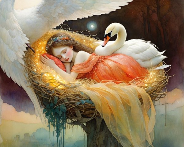 Dreamlike Scene of Girl in Nest with Swan