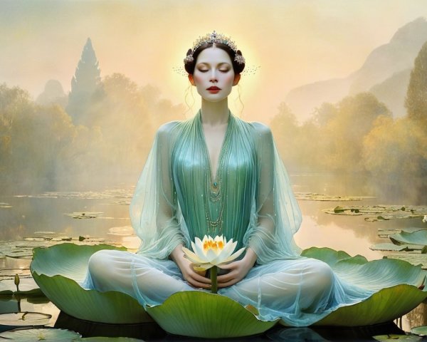 Serene figure on lily pad in tranquil water setting