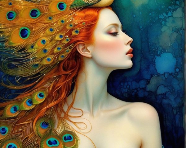 Portrait of a Woman with Red Hair and Peacock Feathers