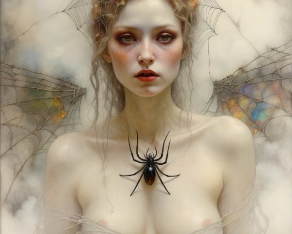 Ethereal Woman with Wings and Dark Spider Webs