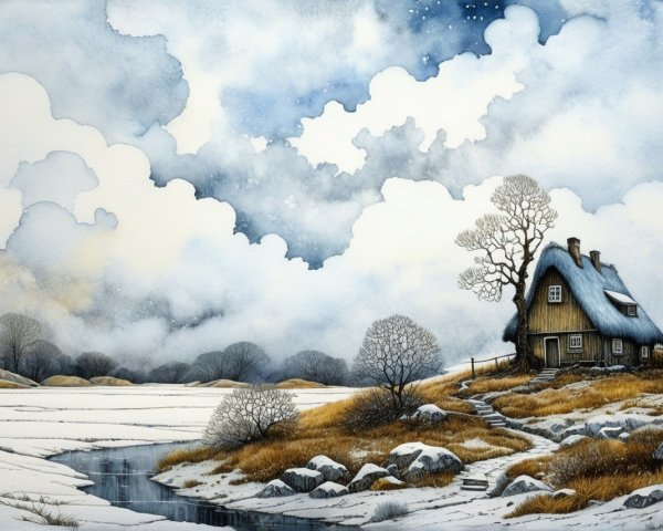 Whimsical Winter Landscape with Cozy Cottage and Trees