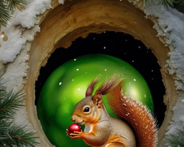 Red Squirrel with Christmas Ornaments in Snowy Scene