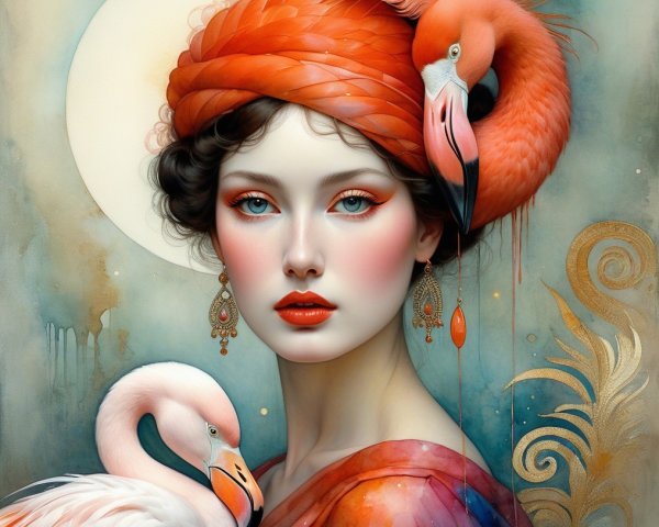 Woman in Orange with Flamingos in Ethereal Setting