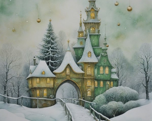 Whimsical Castle in a Snowy Winter Wonderland Painting