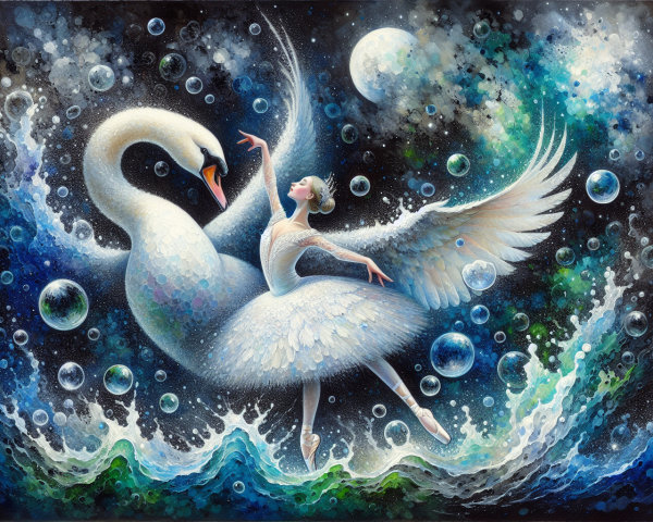 Ballet Dancer in Tutu with Swan Under Moonlight