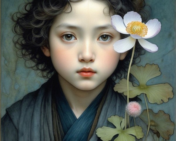 Digital Portrait of a Child in Kimono with Flowers