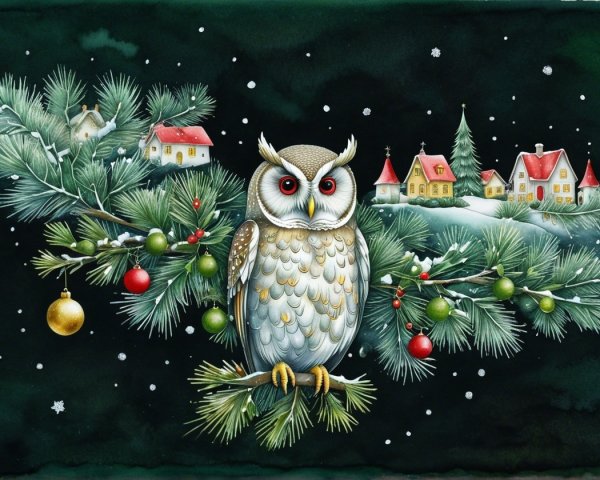Christmas Night Watercolor with Owl and Village Scene