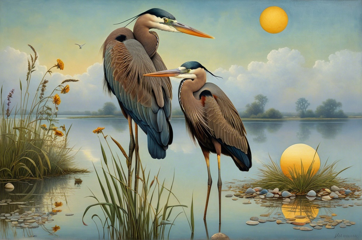 Herons in a Serene Landscape with Warm Hues