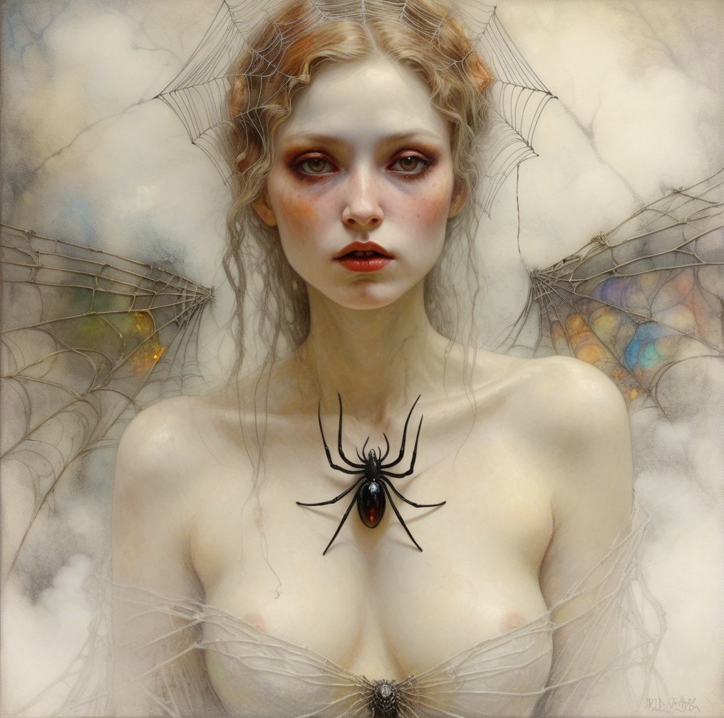 Ethereal Woman with Wings and Dark Spider Webs