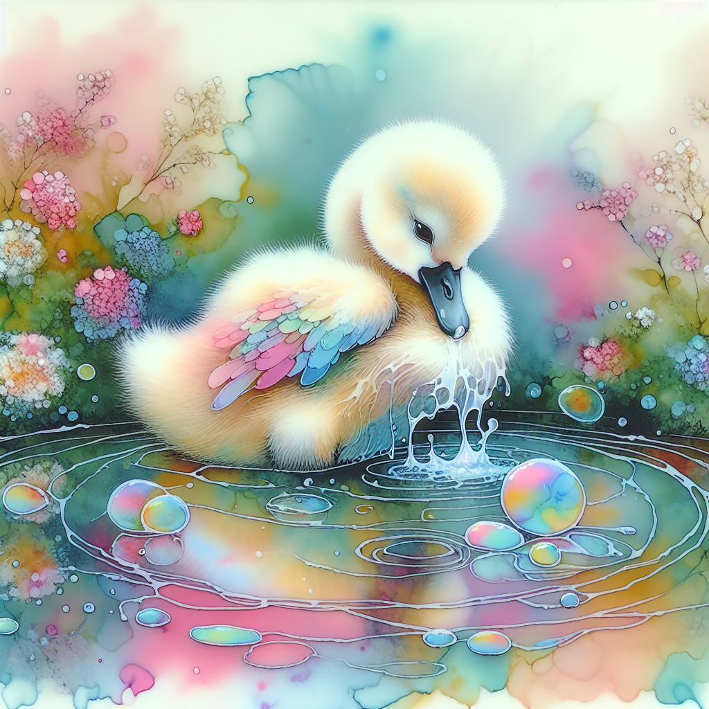 Colorful Illustration of a Duckling in a Pond