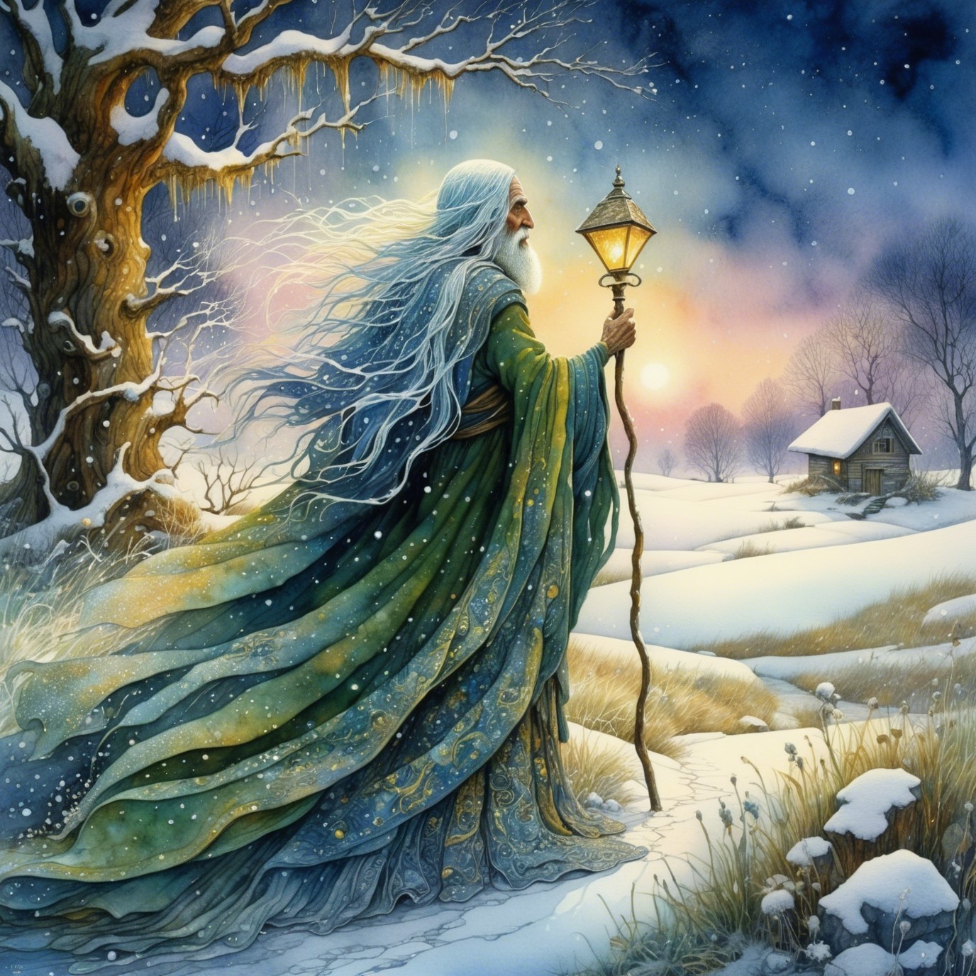Intricate Watercolor of Winter Scene with Wizard Figure