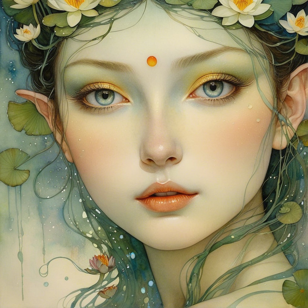 Ethereal Young Woman with Floral Adornments and Gem