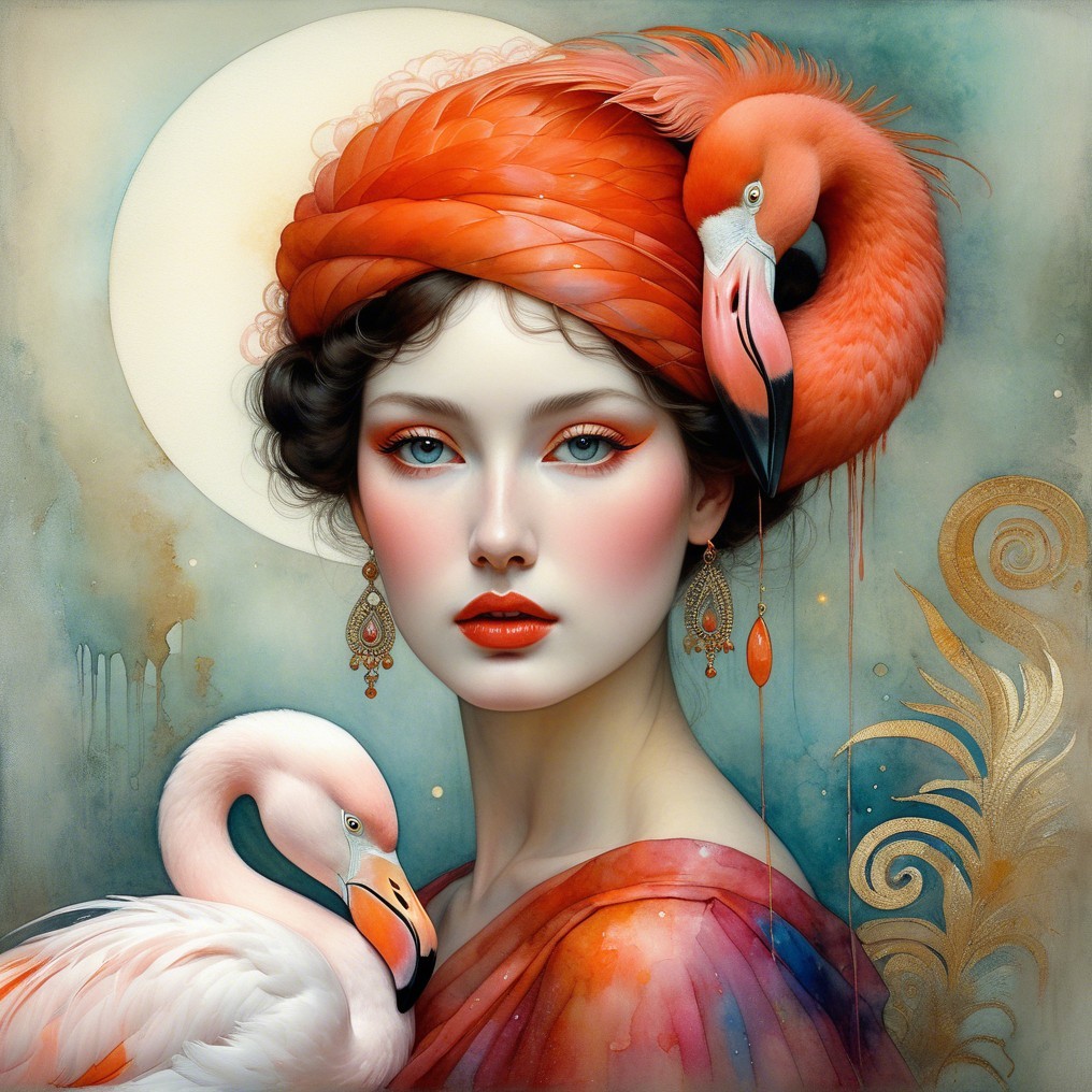 Woman in Orange with Flamingos in Ethereal Setting