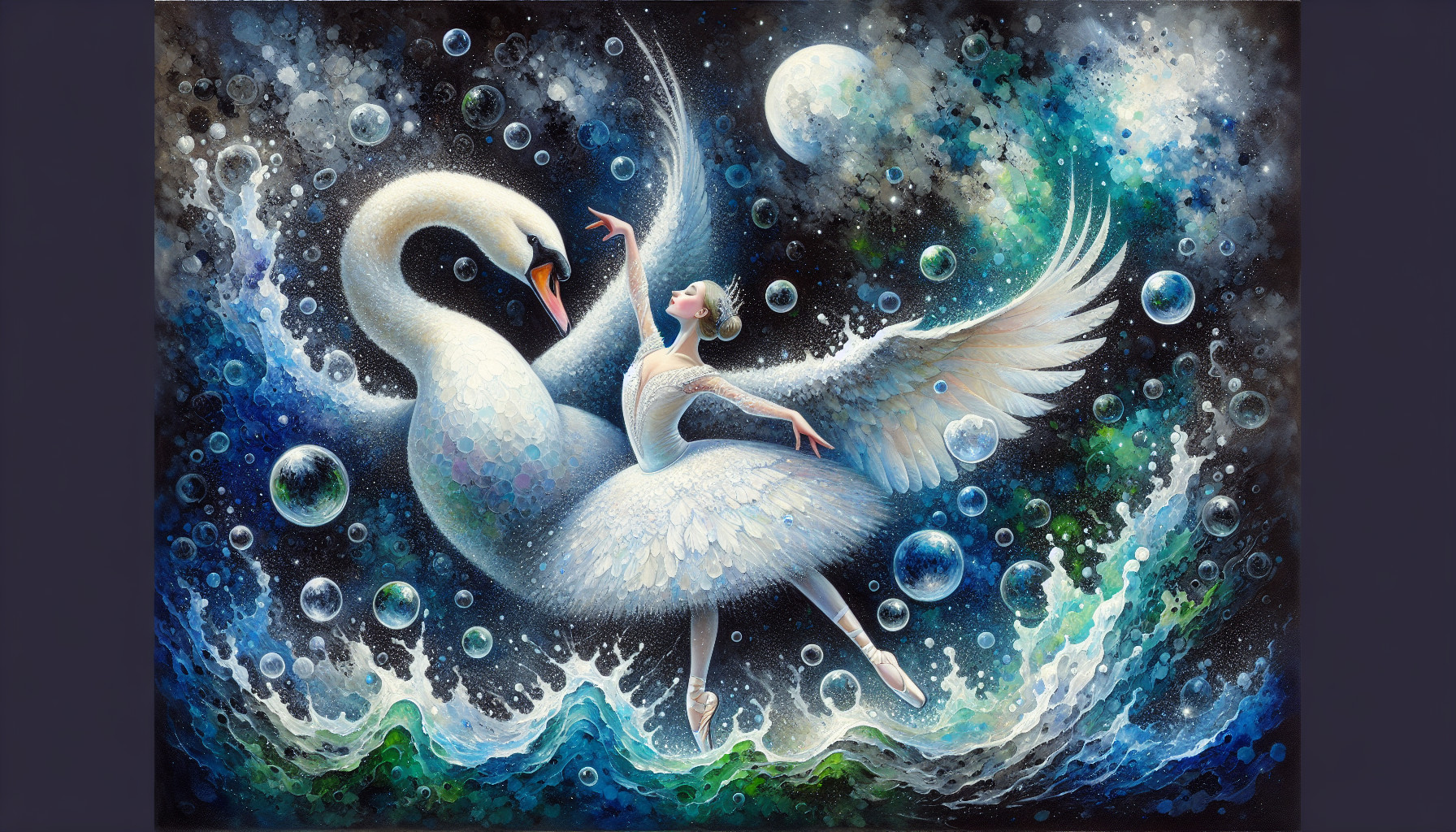 Ballet Dancer in Tutu with Swan Under Moonlight