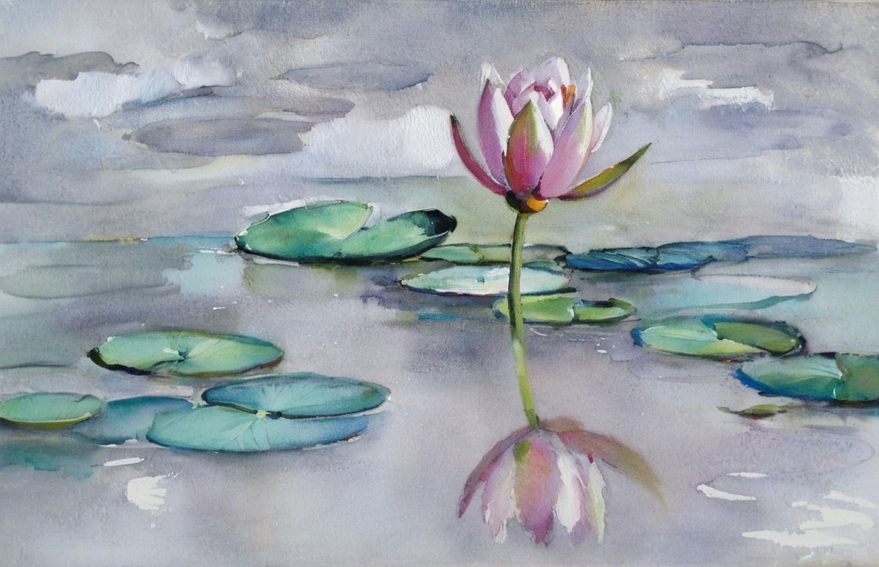 Watercolor of a pink water lily on calm water