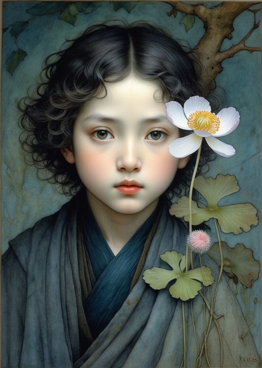 Digital Portrait of a Child in Kimono with Flowers